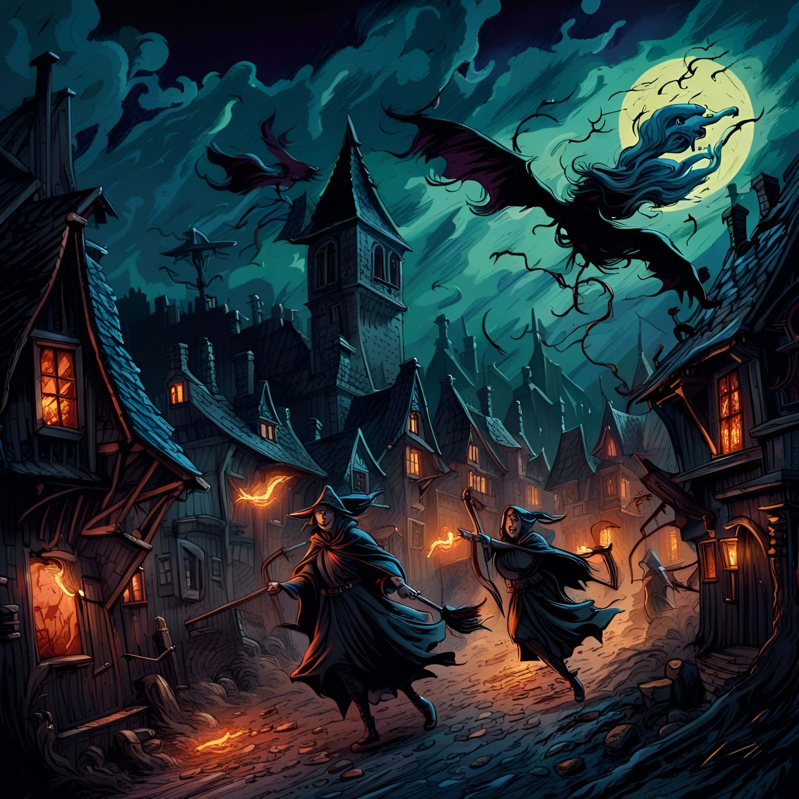 Witches Fly Over Medieval Town in Comic Style