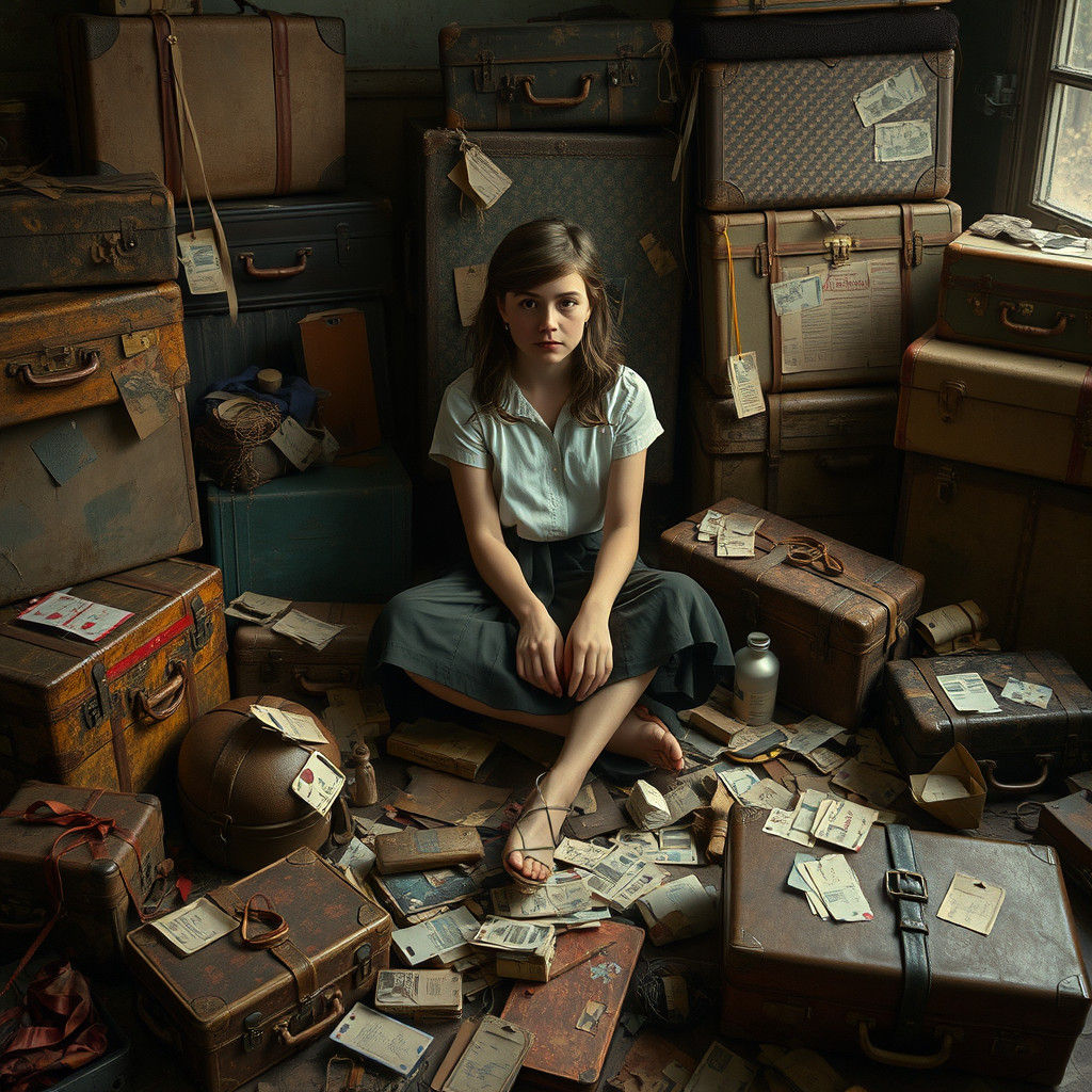 Dreamlike Scene with Vintage Luggage in Whimsical Style