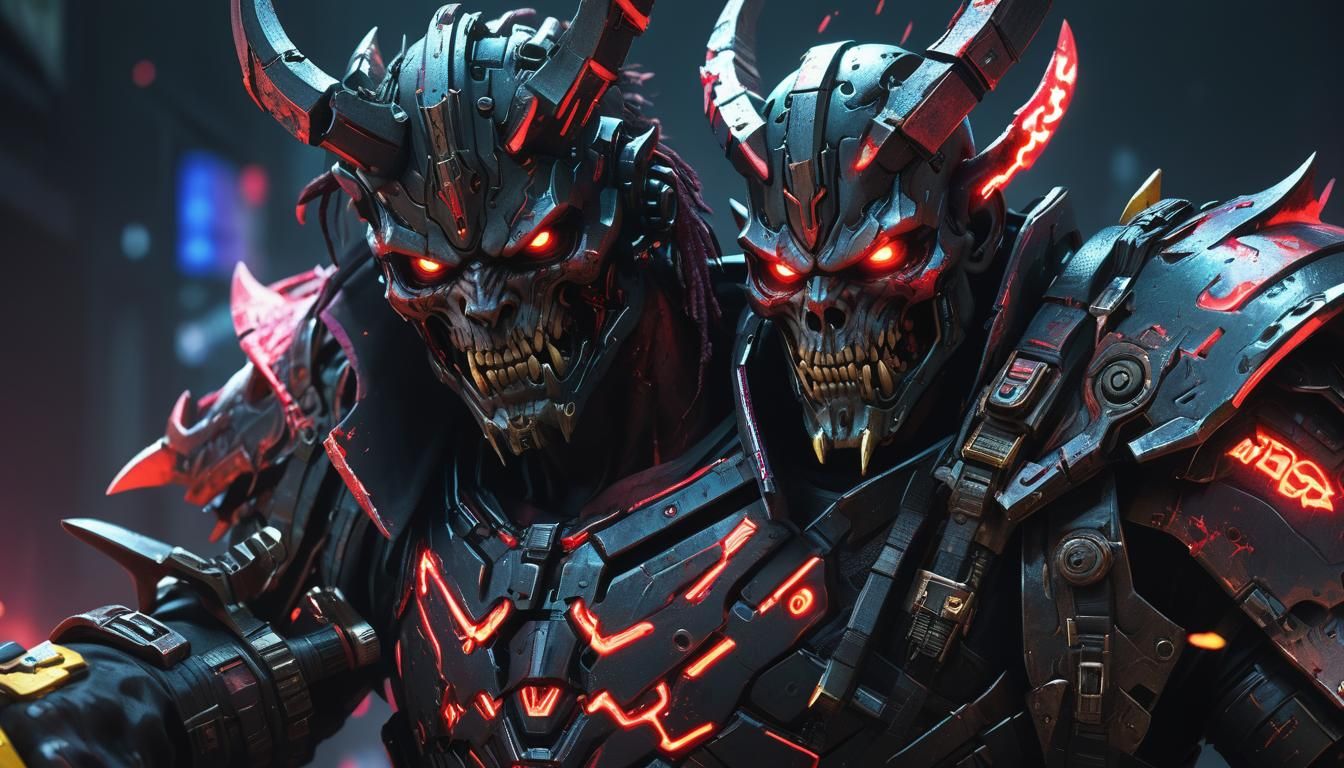 Cyberpunk Demon Warrior with Bloody Axe