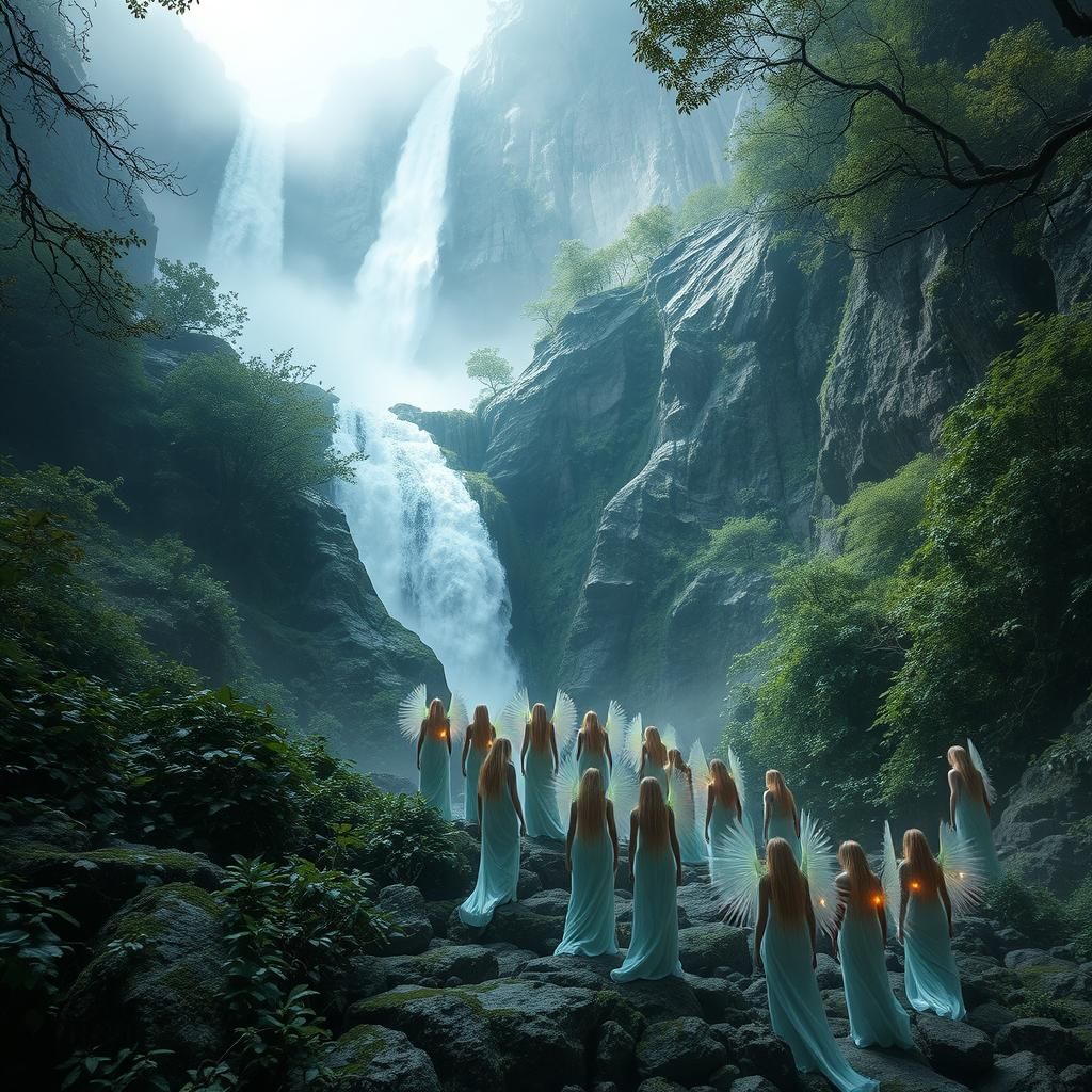 Ethereal Dryads Gather at Crystalline Waterfall