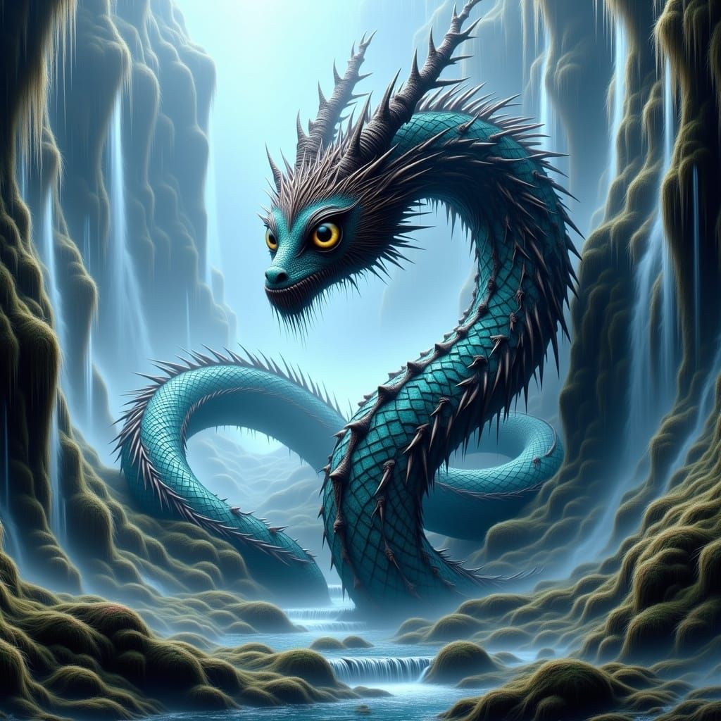 Majestic Water Dragon Coiling Around Waterfall