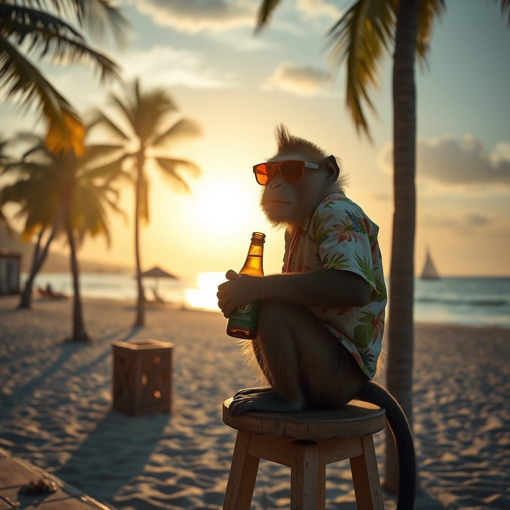 Monkey Sips Beer on Sunset Beach