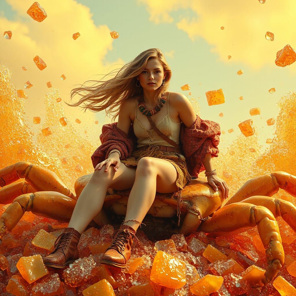 Woman on Gummy Crab in Effervescent Sea