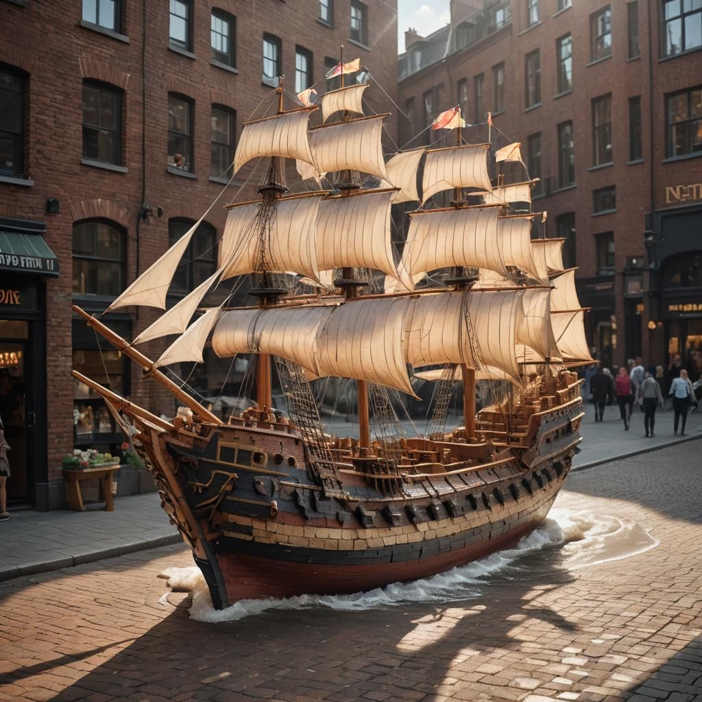 Brick Sailing Ship on Street River