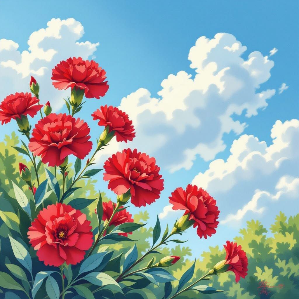 Carnation Flowers in Watercolor Against Blue Sky