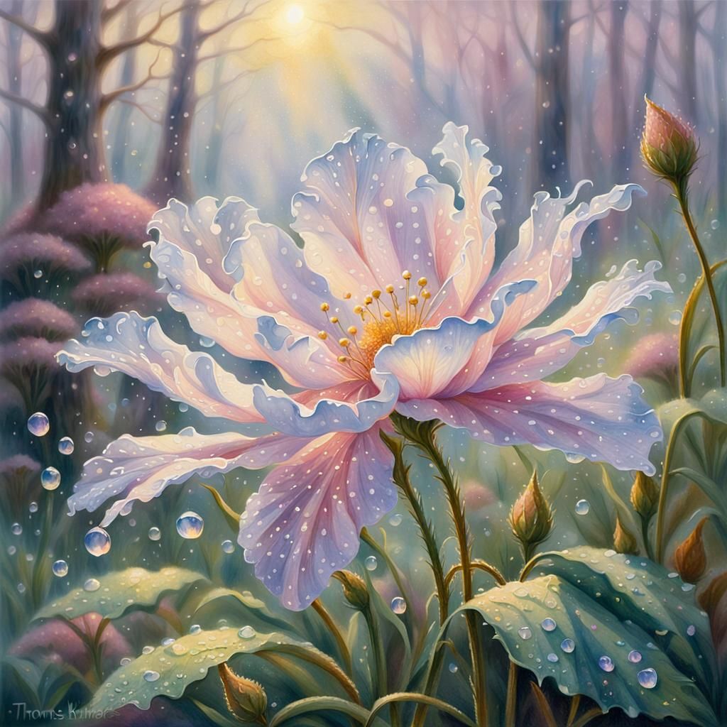 Blossom Petal Touches Dew in Ethereal Watercolor