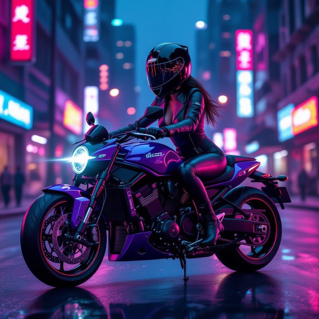 Cyberpunk Biker Woman on Midnight Purple Motorcycle