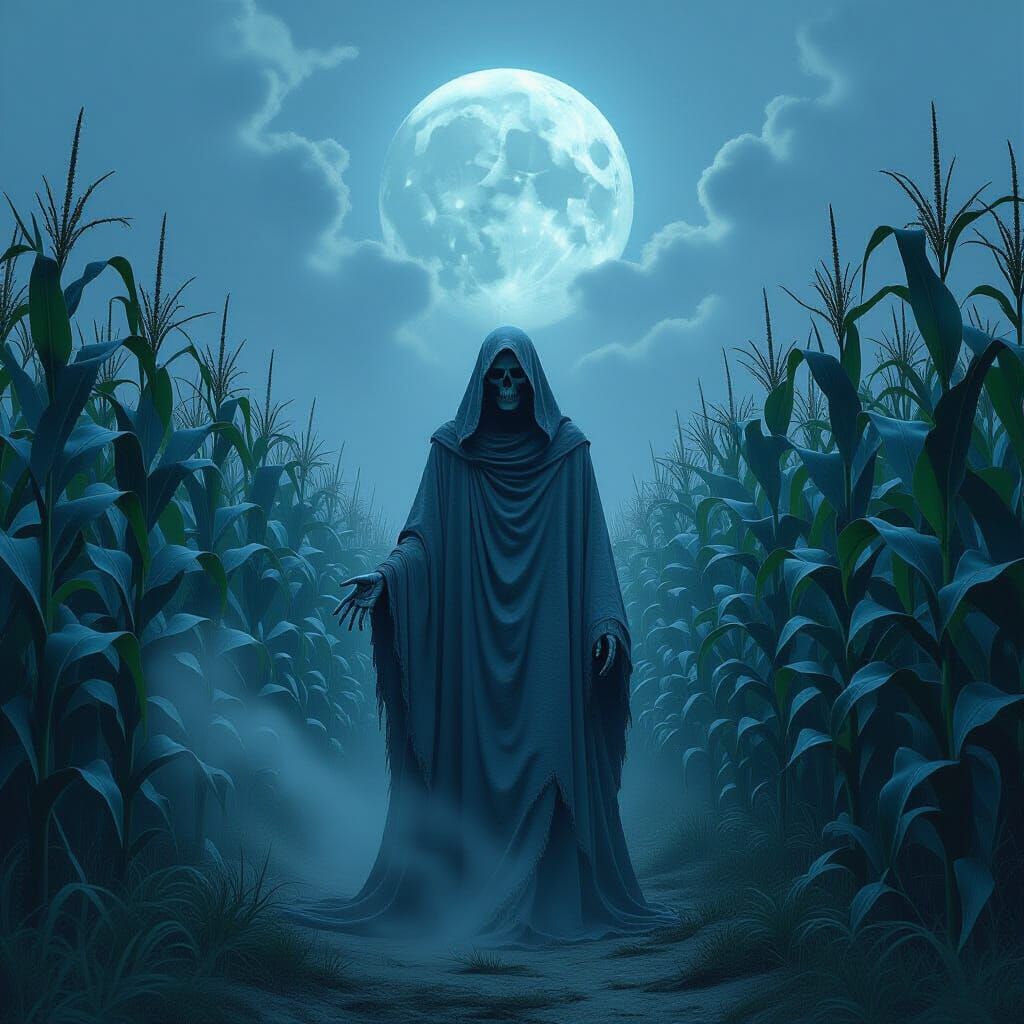 Skeletal Figure in Eerie Moonlit Corn Maze