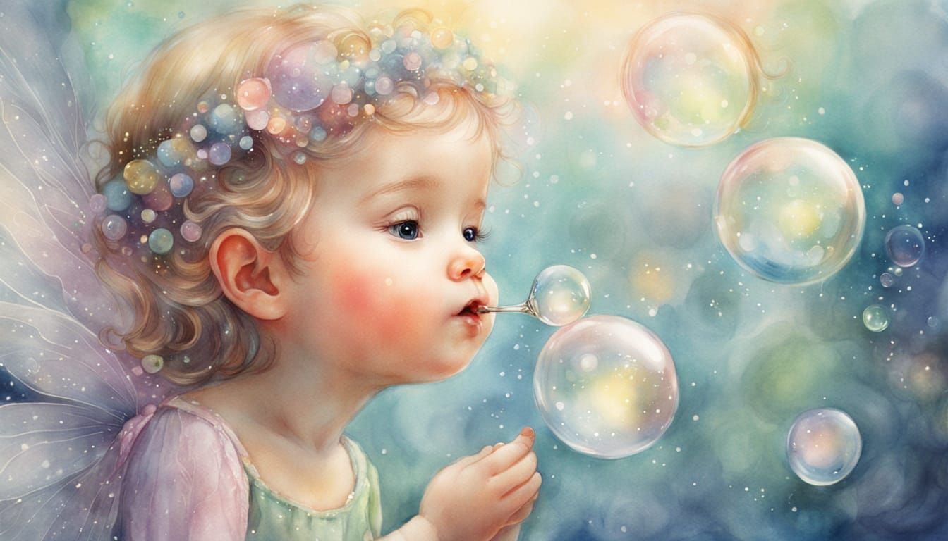 Baby Fairy Blowing Bubbles in Watercolour Style