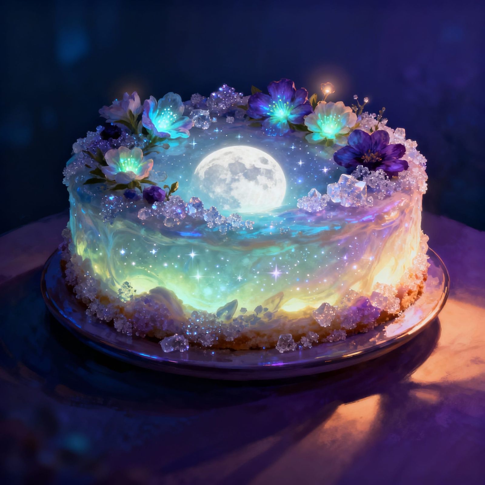 Ethereal Moonlit Cake with Bioluminescent Flowers
