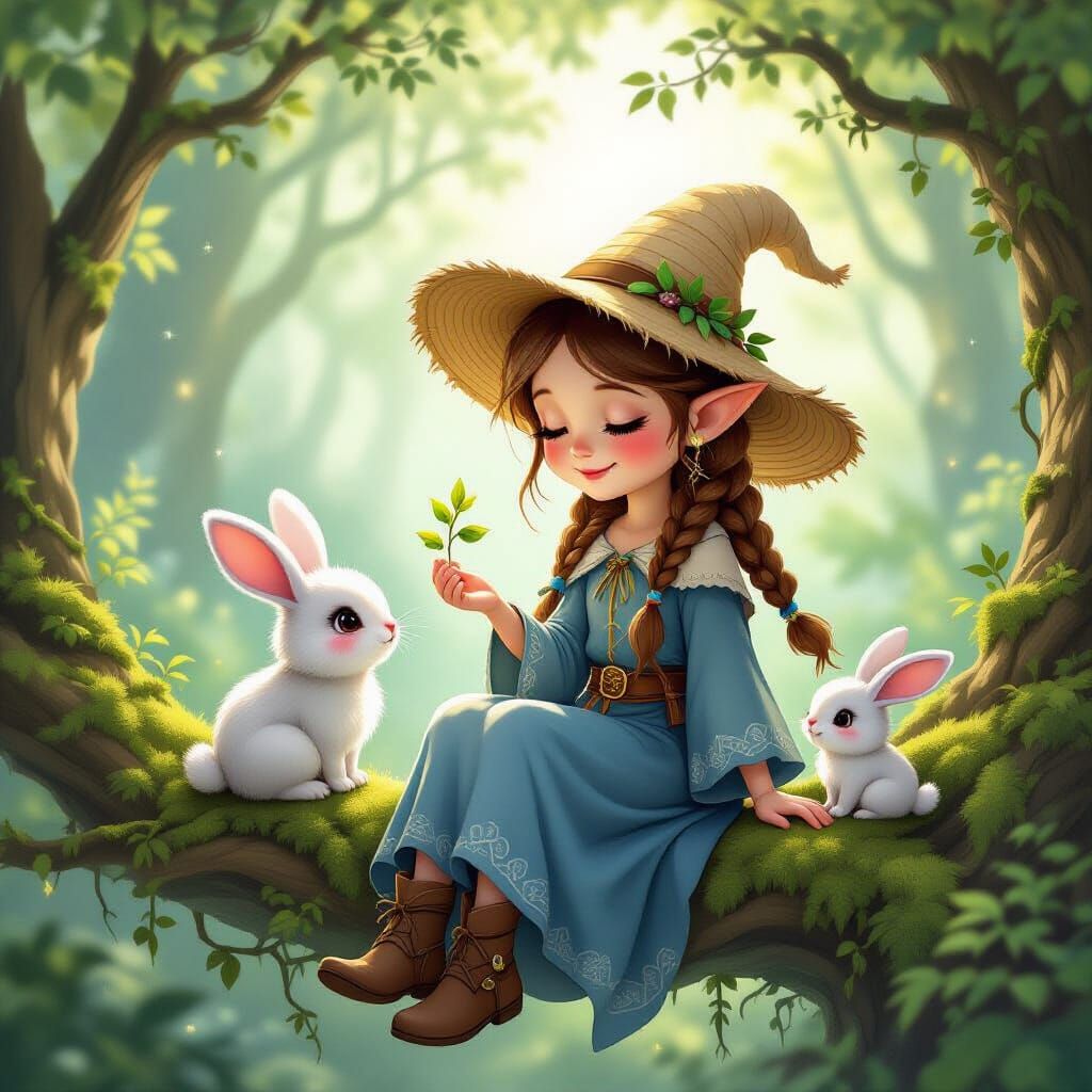 Whimsical Elf Girl with Rabbit Creatures in Enchanted Forest