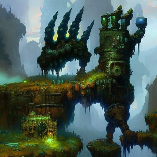 Steampunk Hands Emerge from Mossy Ruins