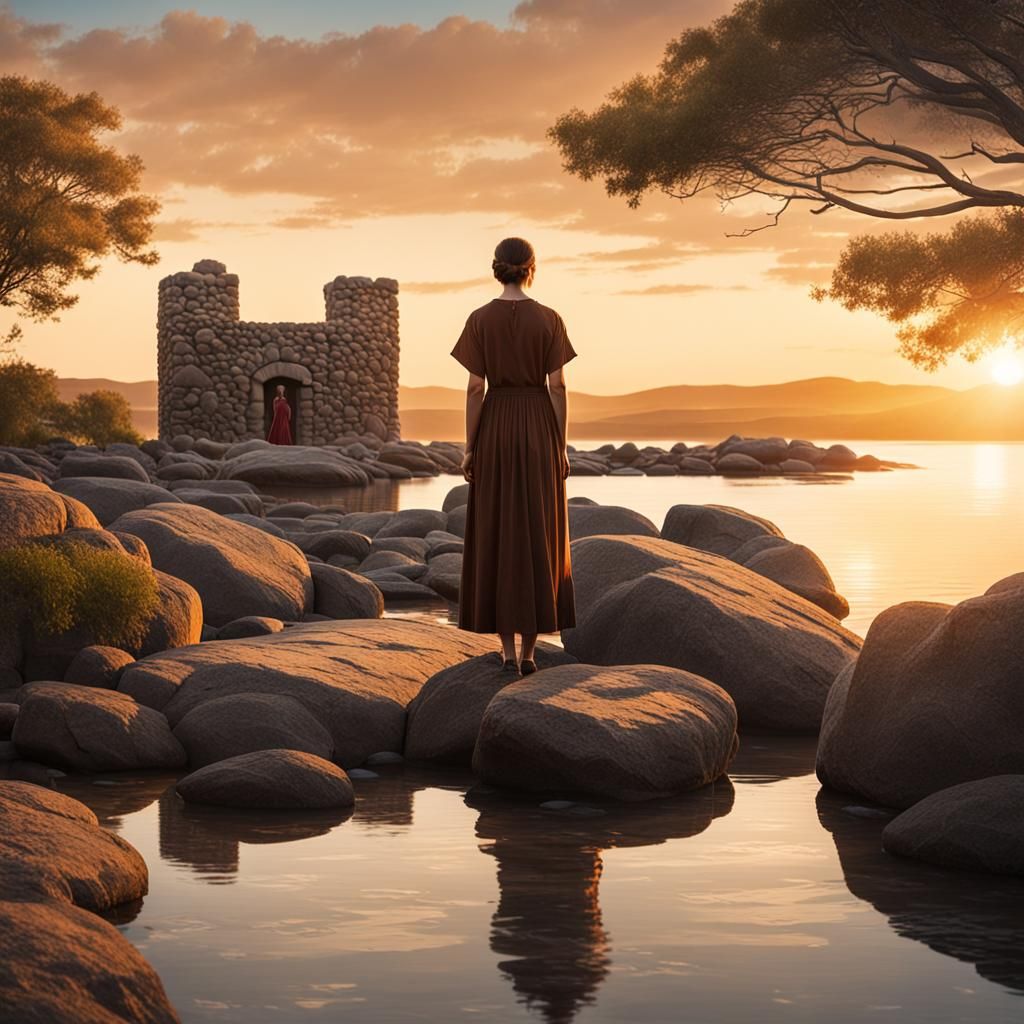 Woman Gazing at Sunset on Rocky Shore