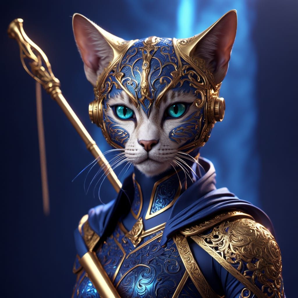 Feline Human Figure in Indigo-Gold Gradient: CGI Artwork