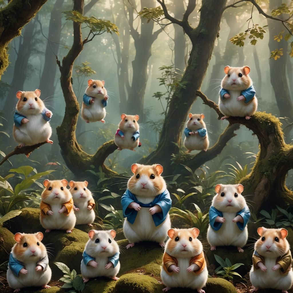 Giant Hamsters Practice Karate in Ethereal Forest