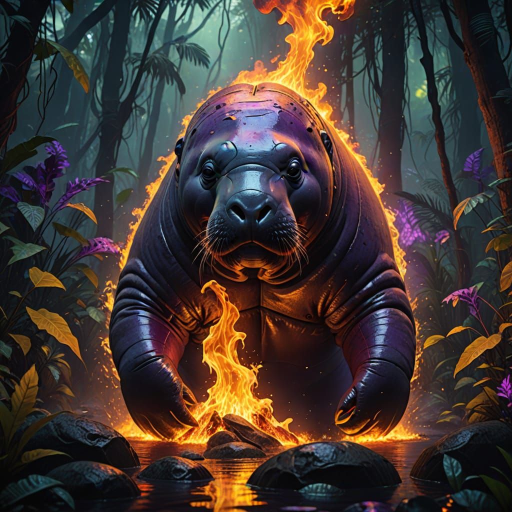 Surreal Dark Fantasy Manatee Blazes in Jungle Splendor