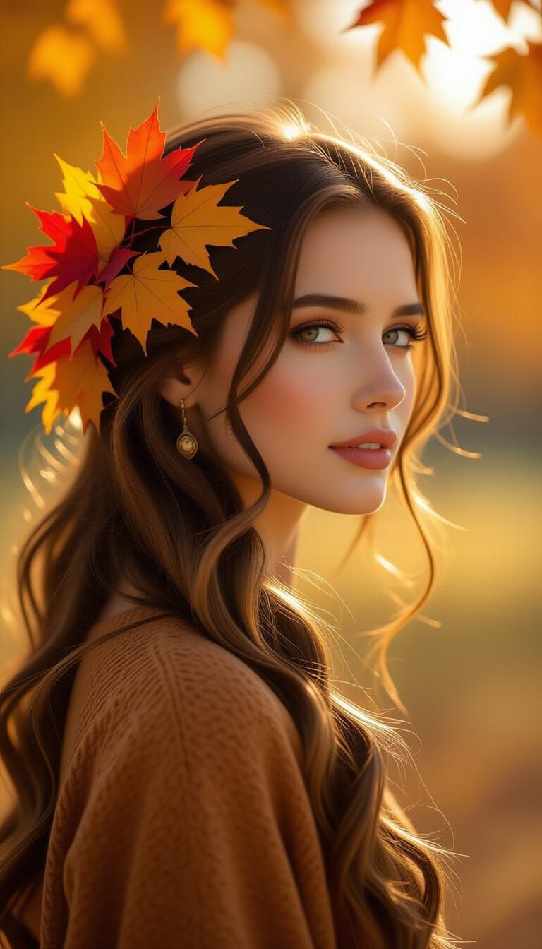 Autumn Woman with Leaves in Golden Light