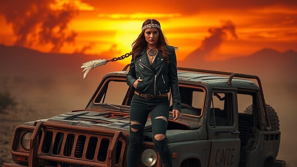 Heroic Woman in Post-Apocalyptic Mad Max Landscape