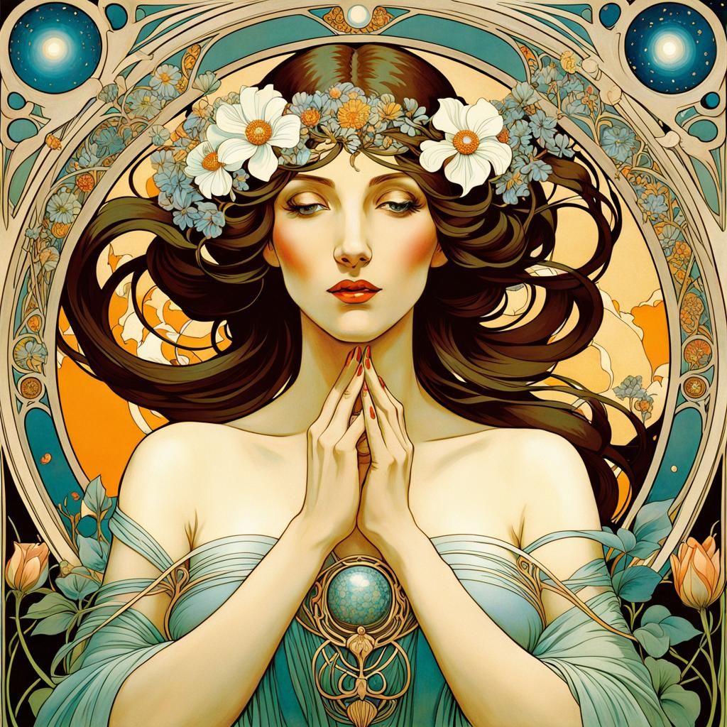 Beautiful Woman Embodies Universe in Art Nouveau