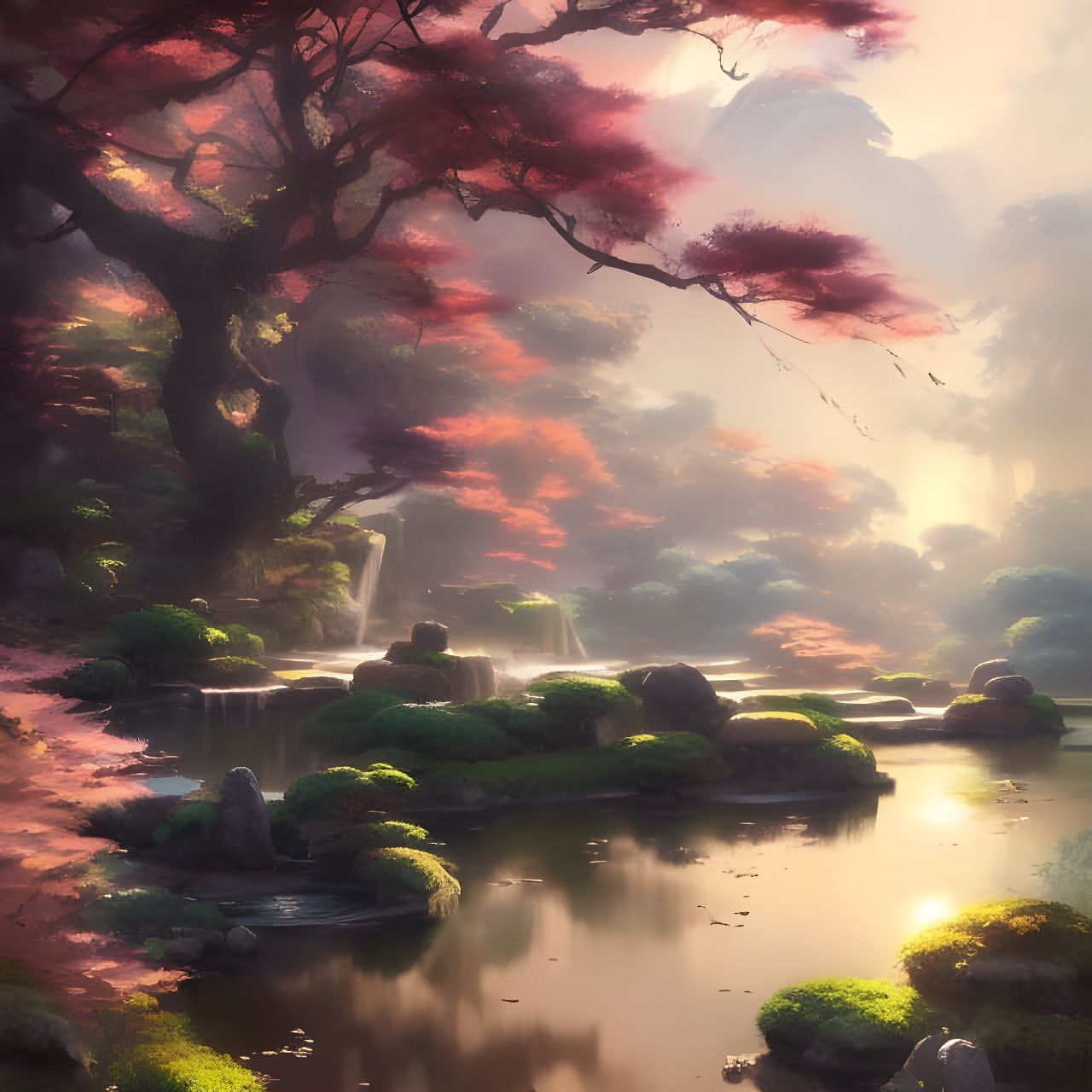 Japanese Garden Landscape with Golden Hour Lighting