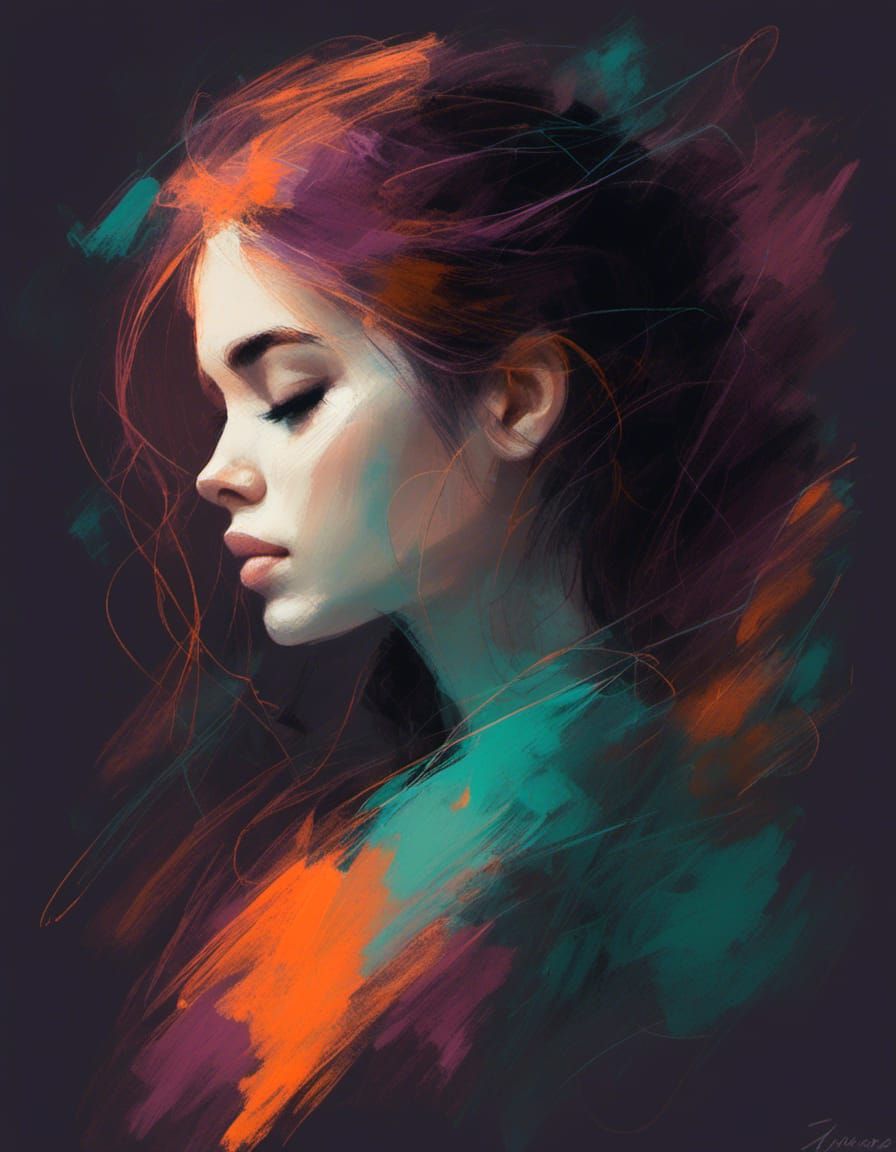 Minimalist Portrait of Girl in Plum, Tangerine, Teal