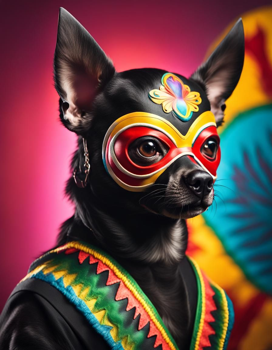 Black Chihuahua in Luchador Mask: Hyperrealistic Splash Art