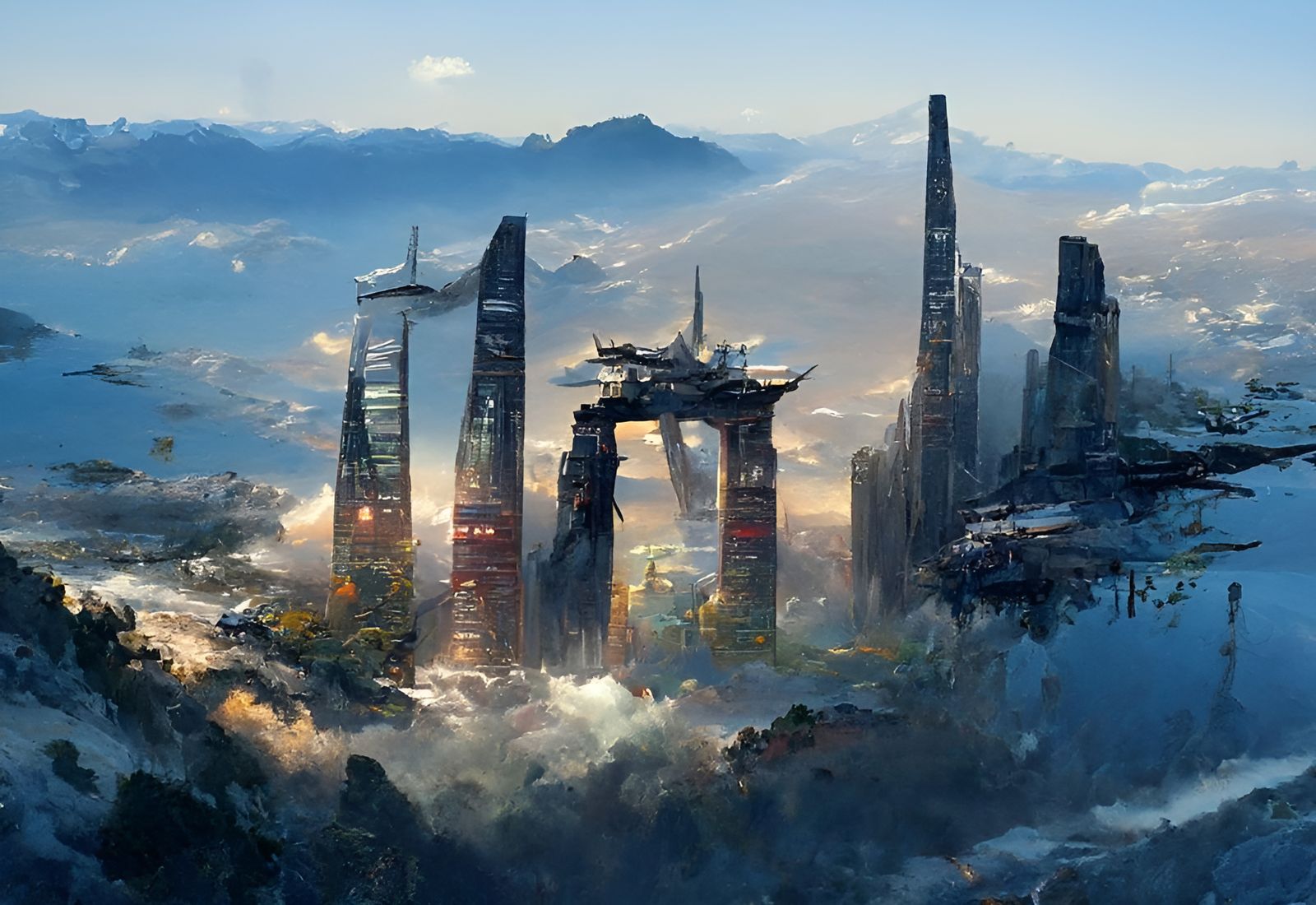 Futuristic civilisation rebuilding on apocalypse ruins
