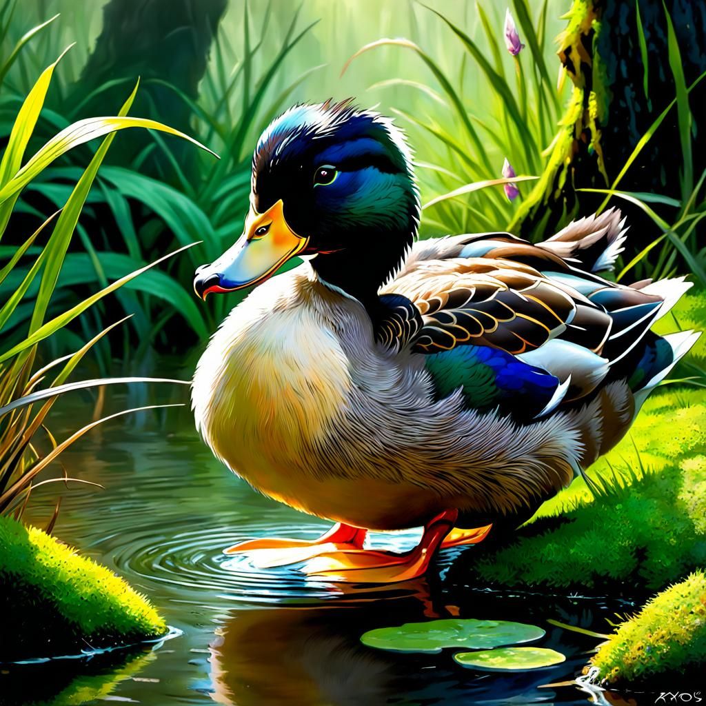 Furry Duck in Lush Colorful Swamp, Fantasy Art