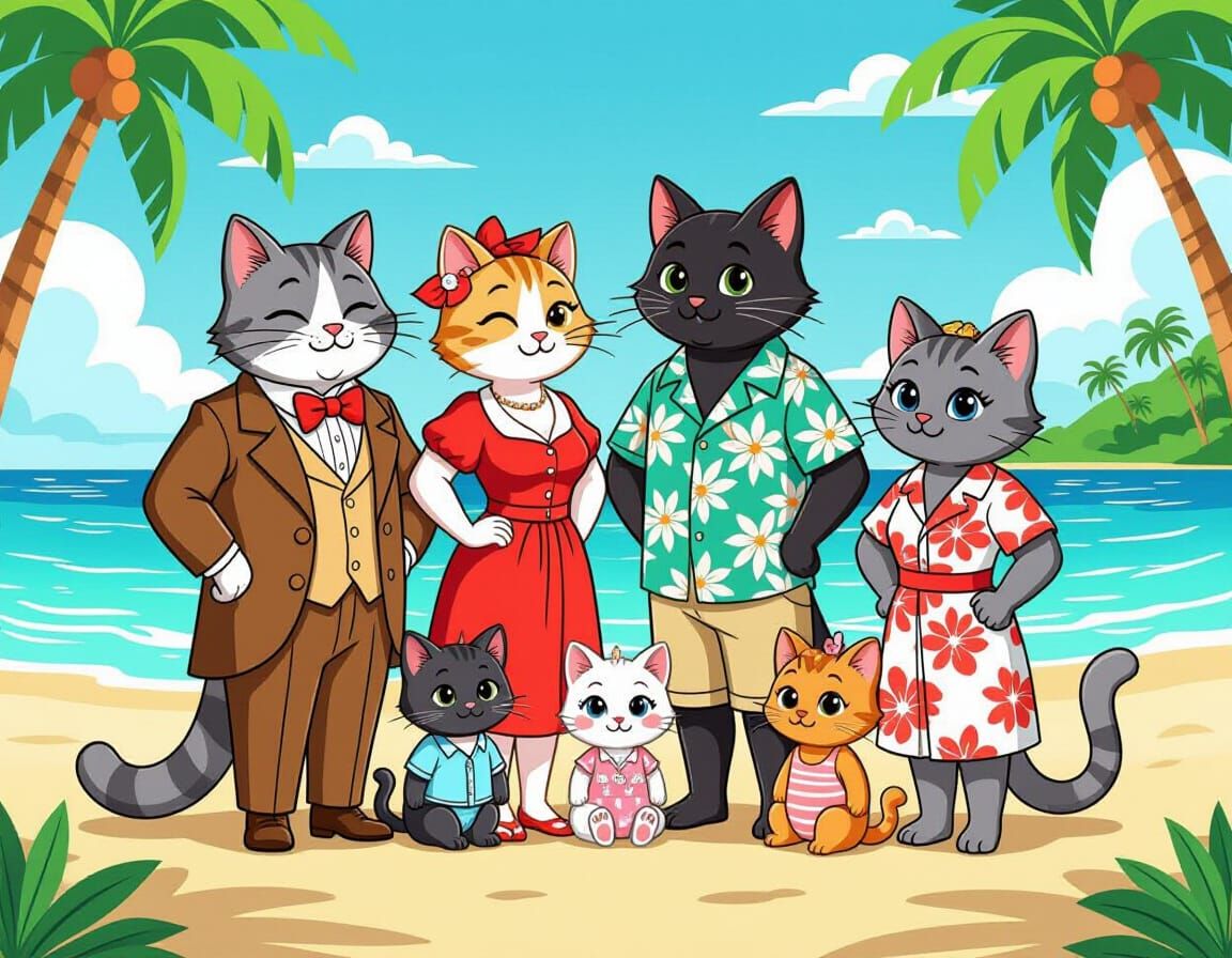 Cartoon Cats on Tropical Beach Vacation