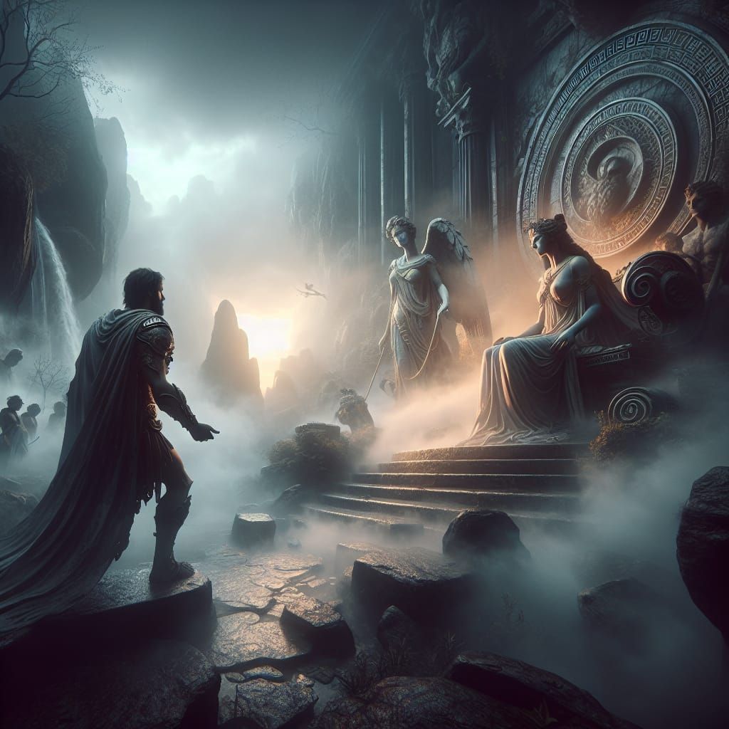 Odysseus Confronts Circe in Ethereal Fantasy Scene