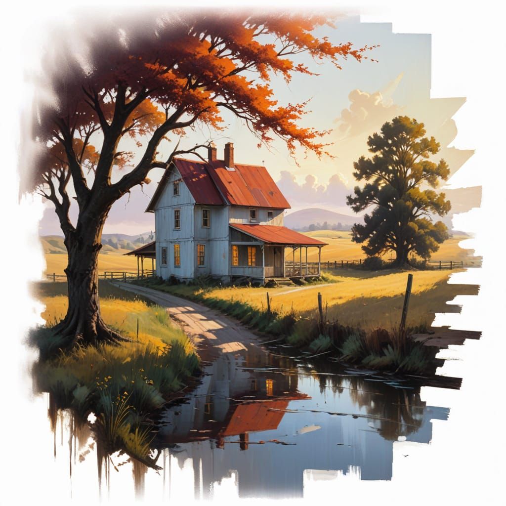 Rustic Farmhouse in Golden Fields at Sunset