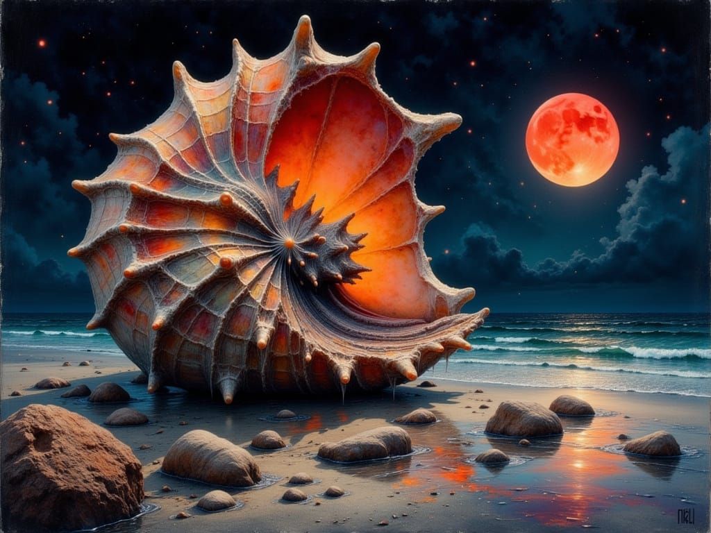 Nautilus Shell Under Red Moon, Dreamlike Beach
