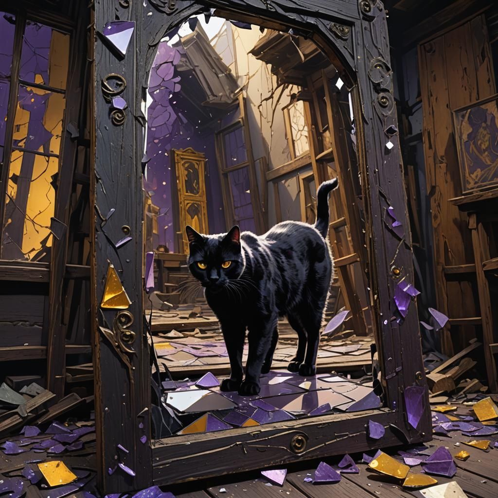 Black Cat and Broken Mirror: Dark Fantasy Art