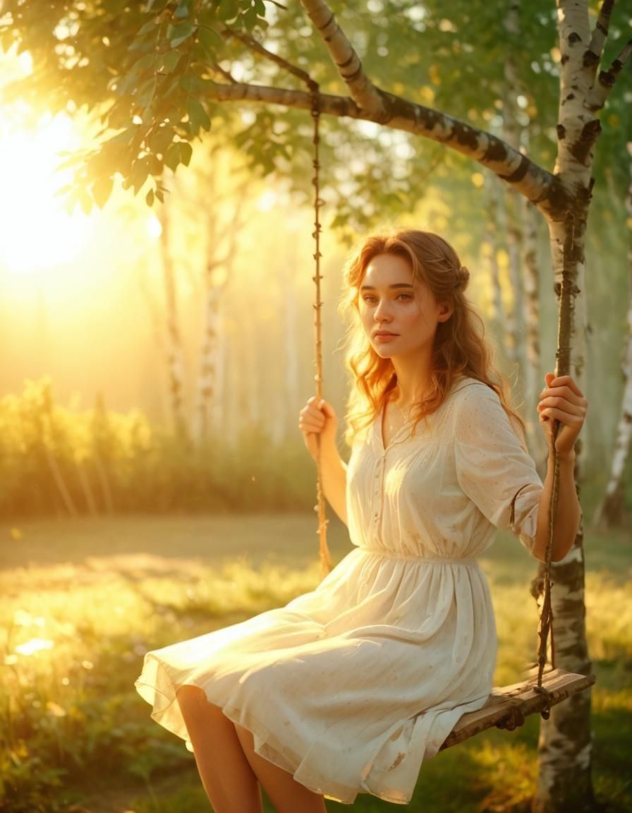 Girl on a Birch Swing Greets the Dawn