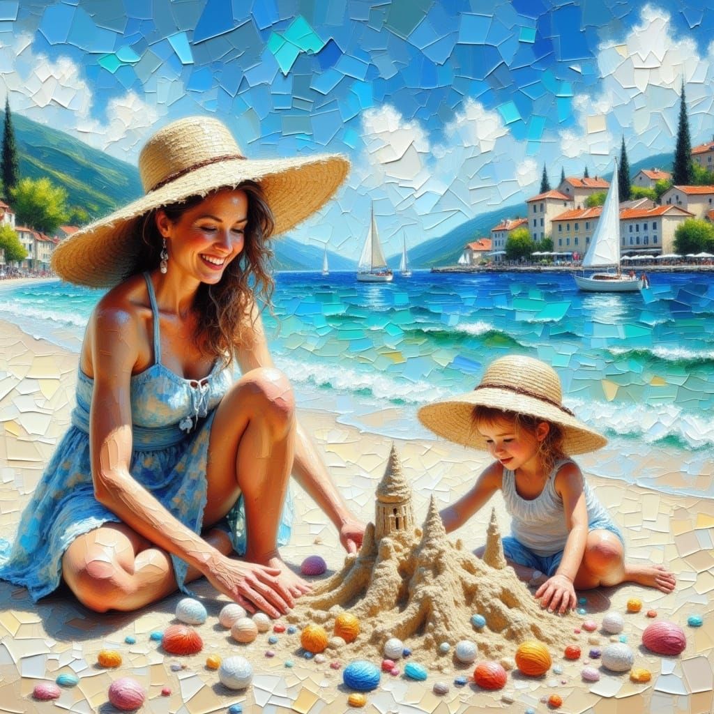 Mother and Daughter Build Sandcastle on Sunny Beach