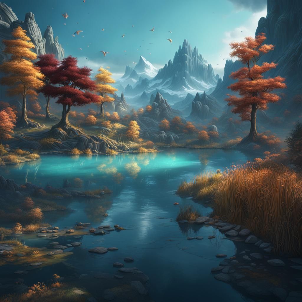 Serene Lake in Detailed Matte Painting Style