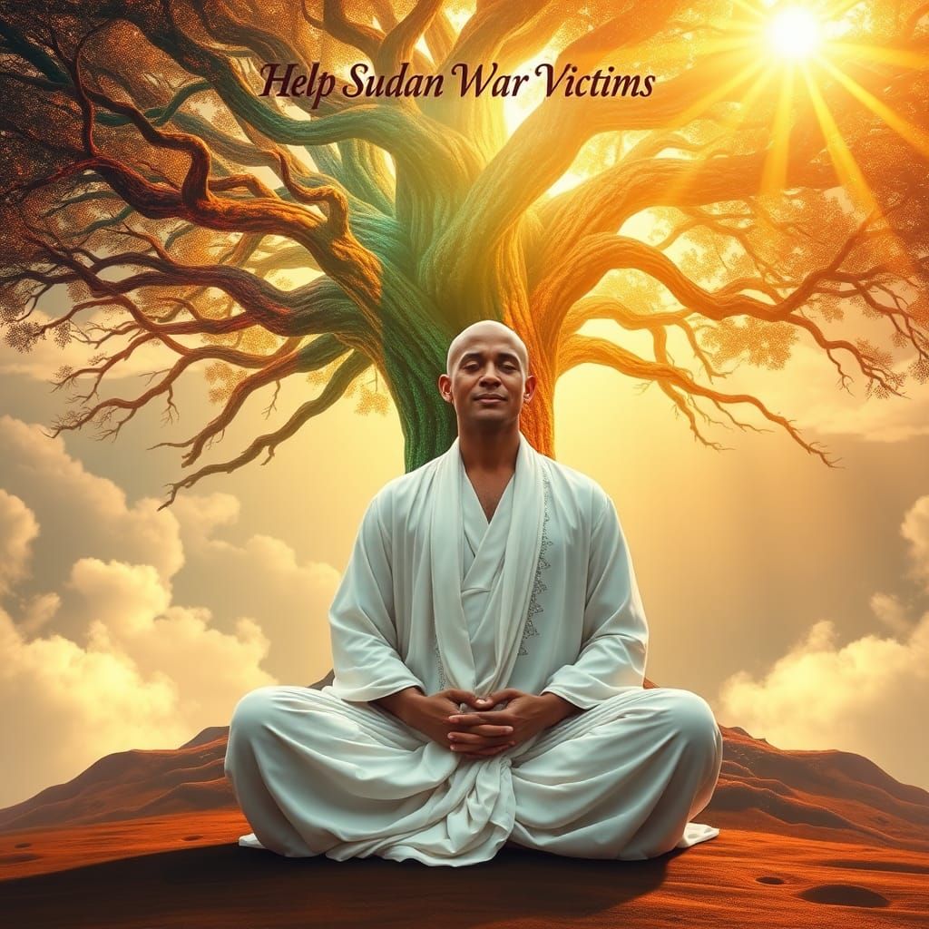 Seated man, clad in flowing white robes with subtle, intrica...