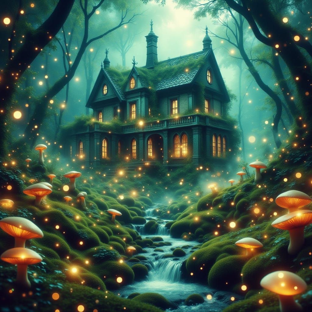 Decaying Gothic Mansion in Enchanted Mushroom Forest