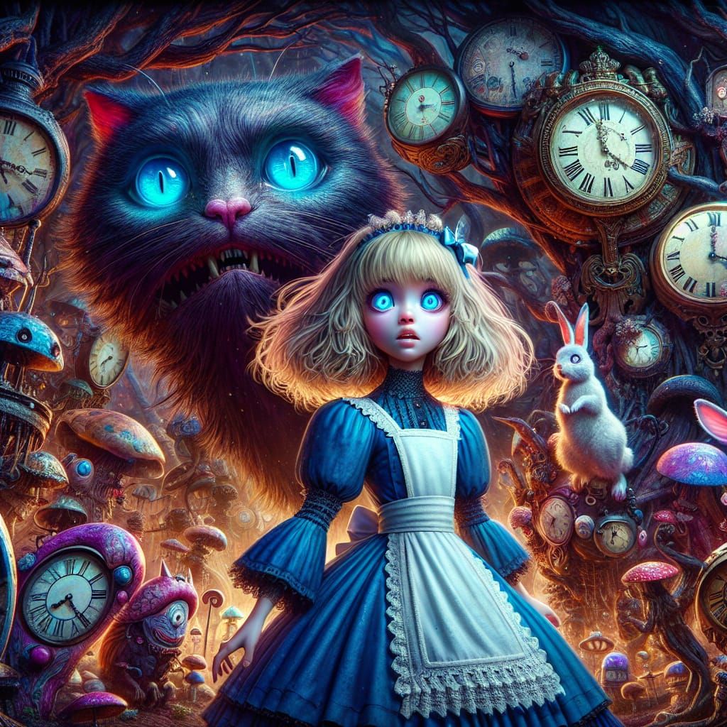 Dark Fantasy Girl in Peculiar Realm with Threatening Cat