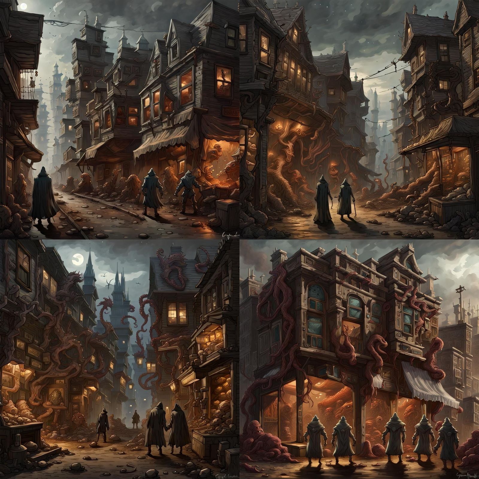 Eldritch Town Street with Bizarre Monsters, Dark Fantasy Art