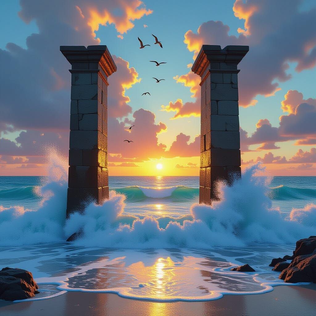 Colossal Stone Pillars Form Ocean Archway at Golden Sunset