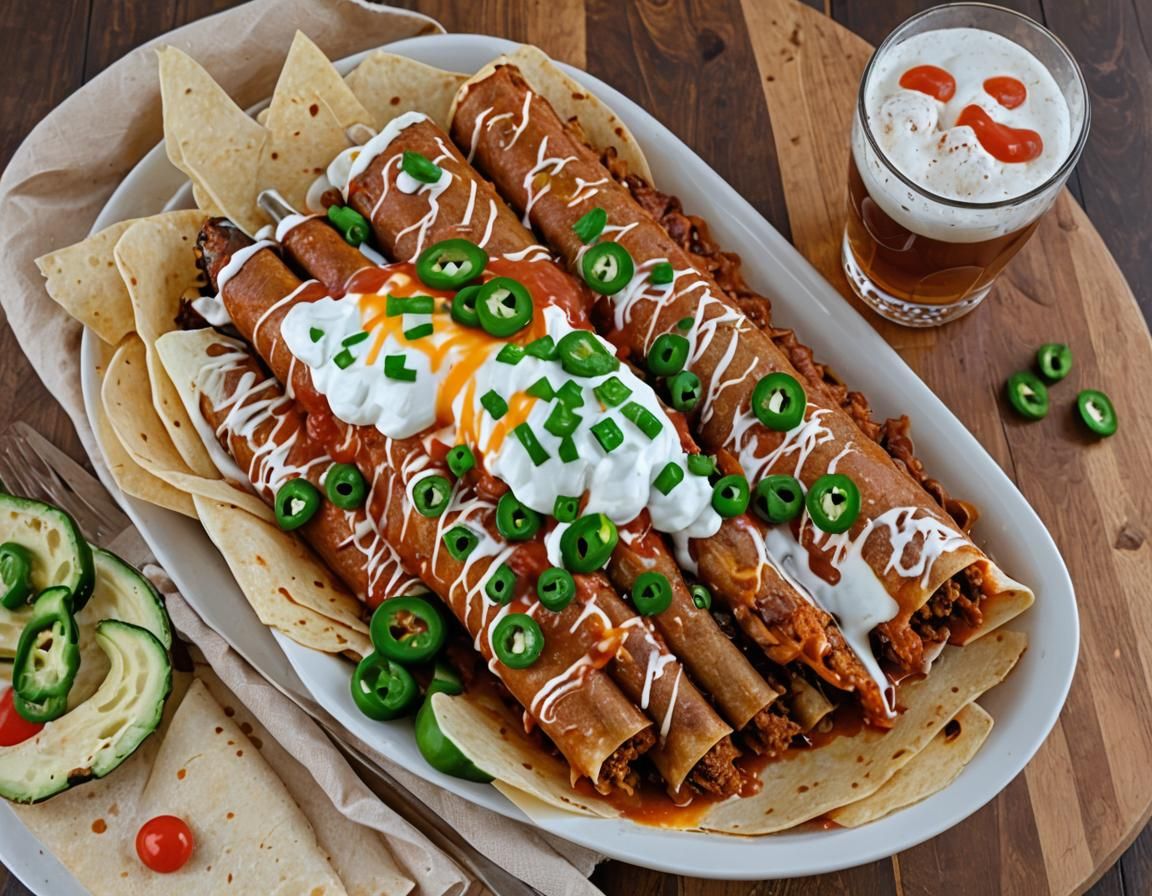 Delicious Beef Enchiladas with Beer on White Platter