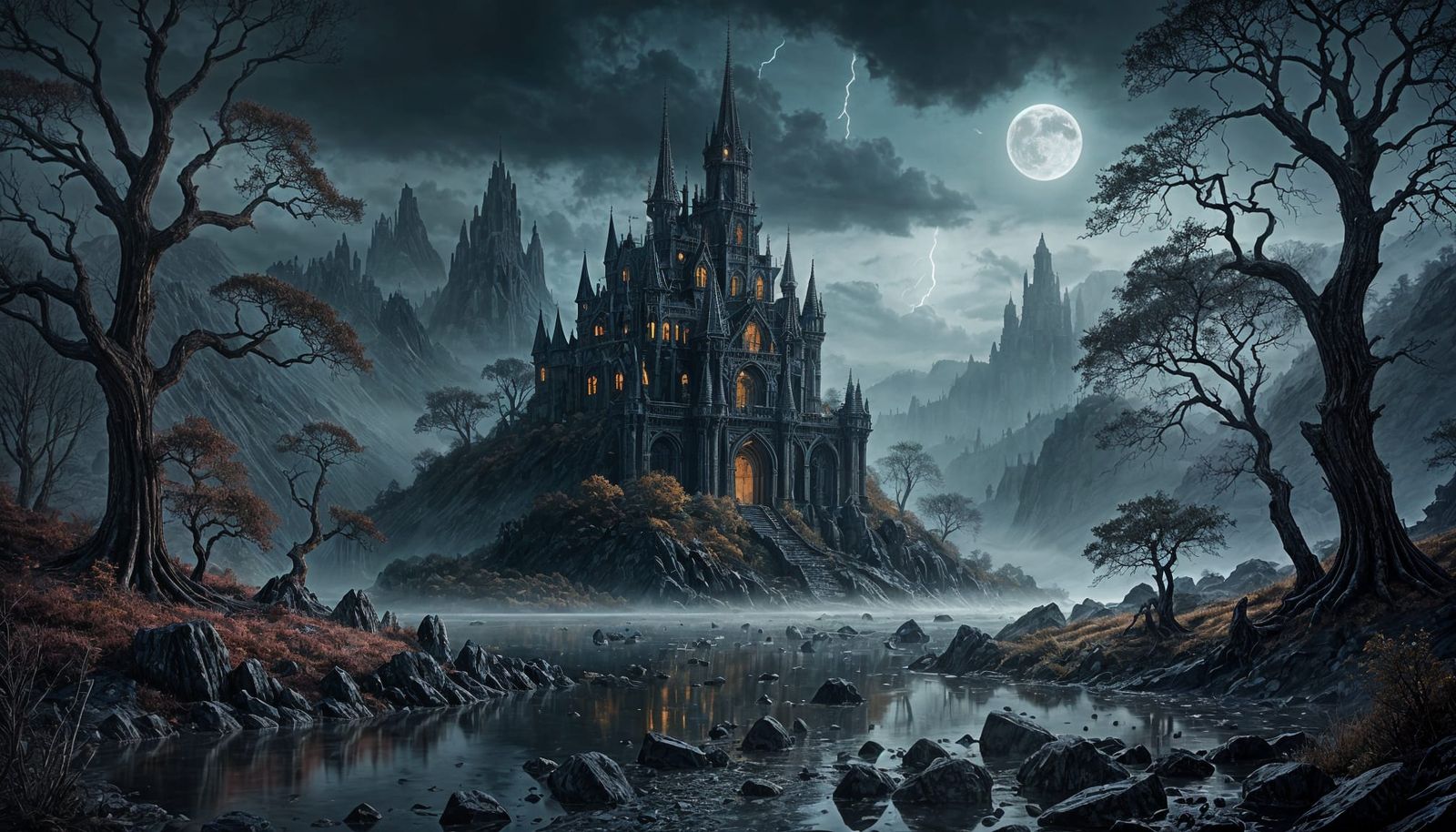 Mysterious Indigo Realm with Obsidian Spires and Bioluminesc...