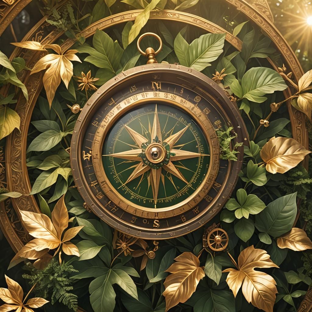 Antique Compass with Golden Hour Plant Theme