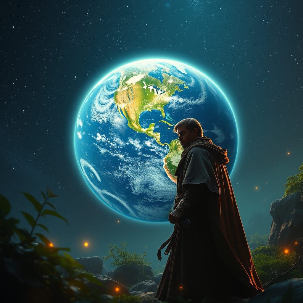 Illuminated Earth with Vibrant Life in Starry Sky