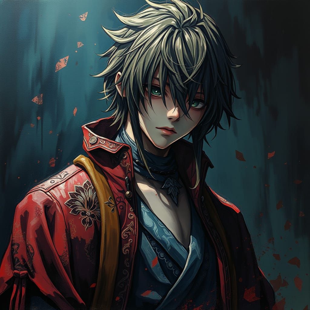 Brooding Anime Character in Vibrant Impasto