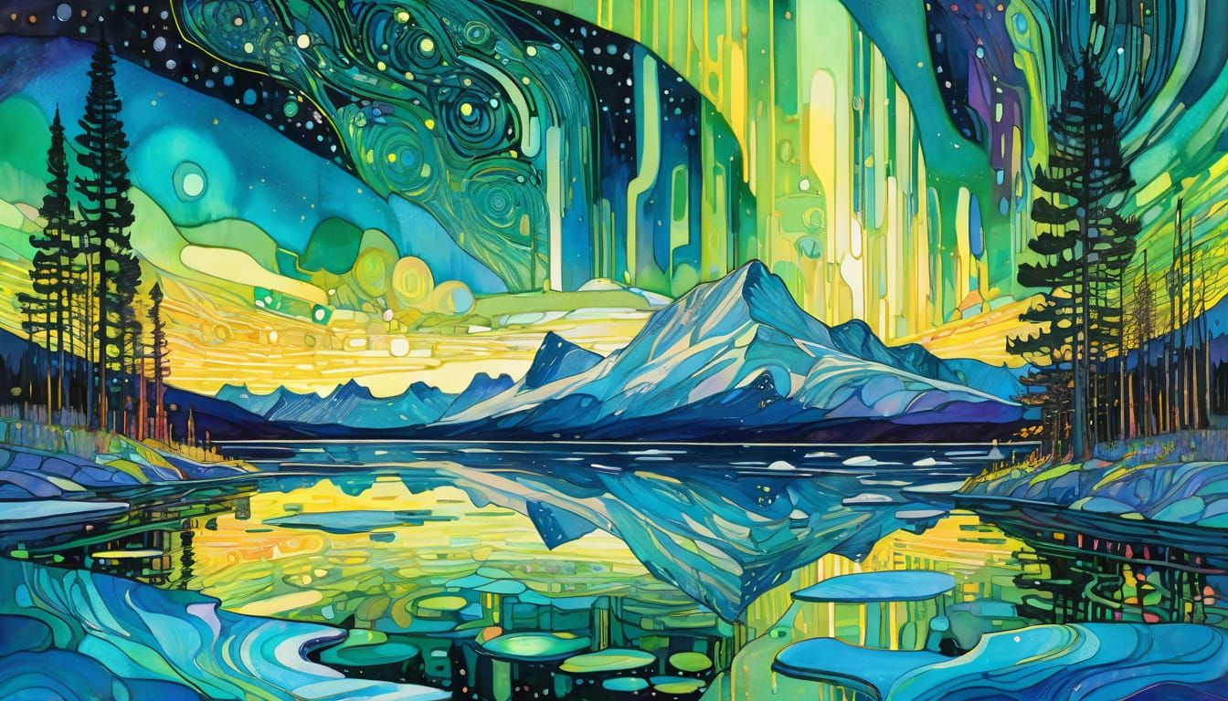 Neon Aurora Borealis Reflected, Ink and Watercolor Style