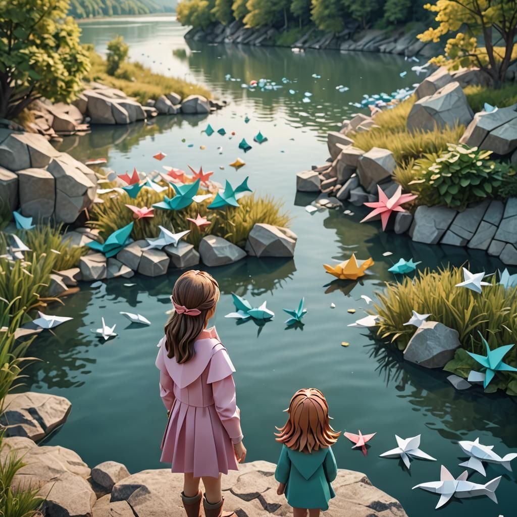 Girl Looking for Mermaids: Origami Papercraft 3D