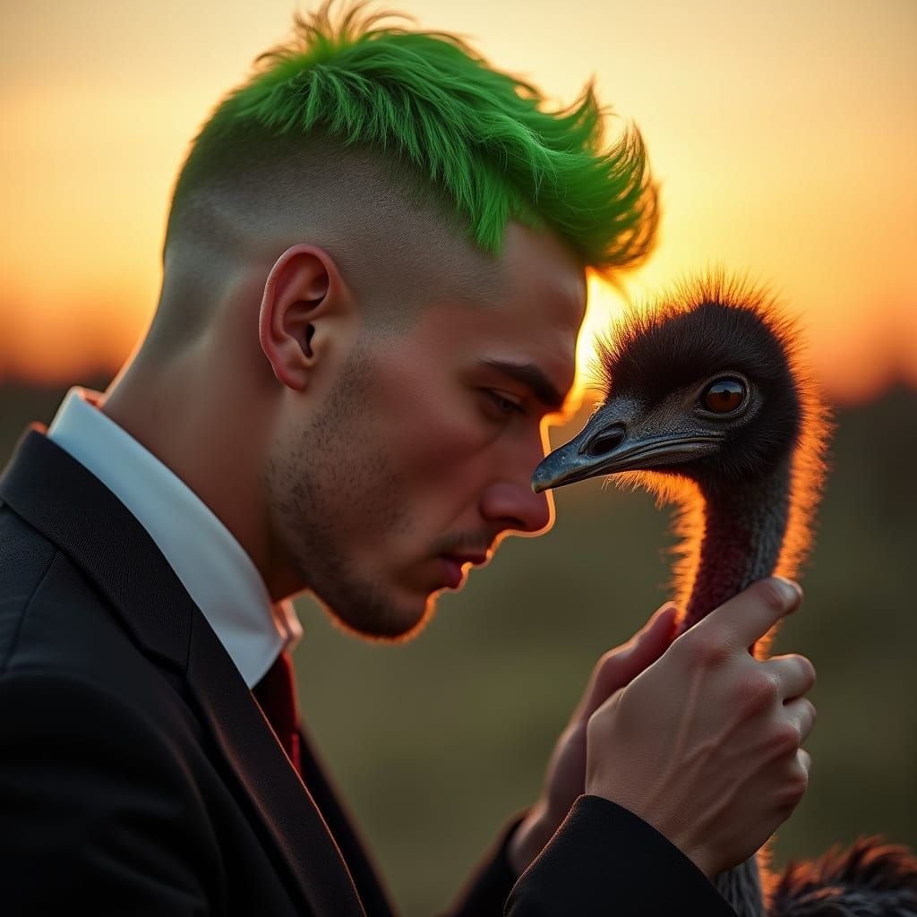 Man with Green Hair Plucks Emu Under Sunset