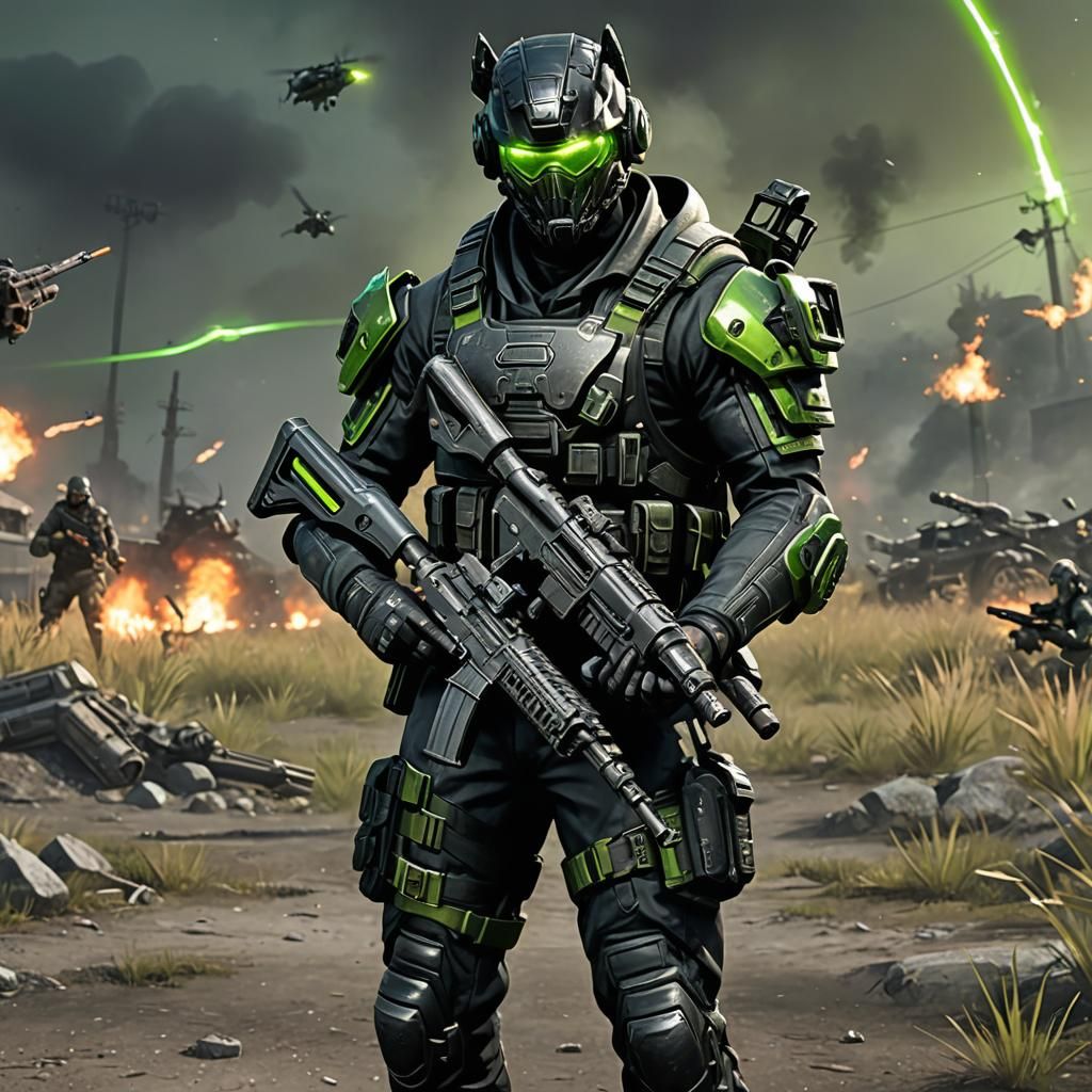 Dragonwolf: Mythical Soldier in Neon Battlefield, Digital Ar...